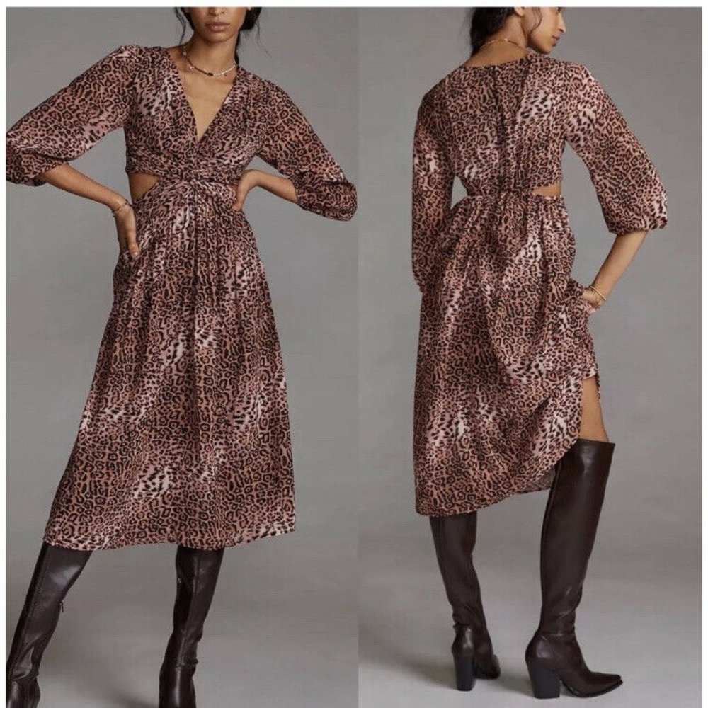 Ranna Gill  Anthropologie Animal Print Leopard Cutout Midi Dress NEW GORGEOUS XS